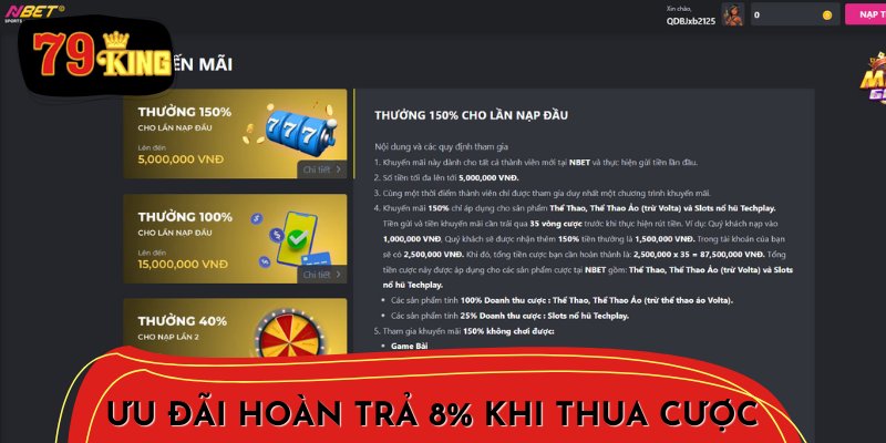 Ưu Đãi Hoàn Trả 8% Khi Thua Cược